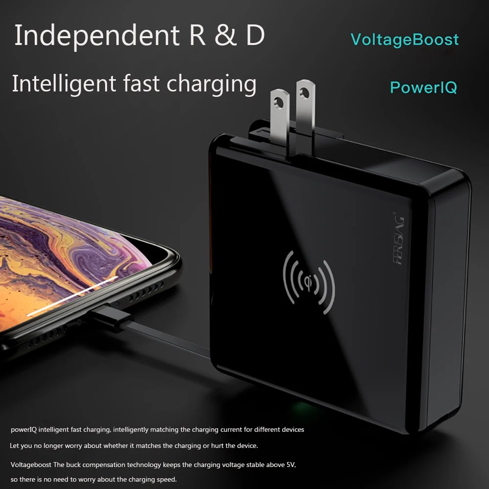 FERISING-10000mAh Wireless Power Bank, PD 5A Fast Charger, Type-C, USB C, QC3.0, Powerbank for iPhone, Xiaomi External Battery