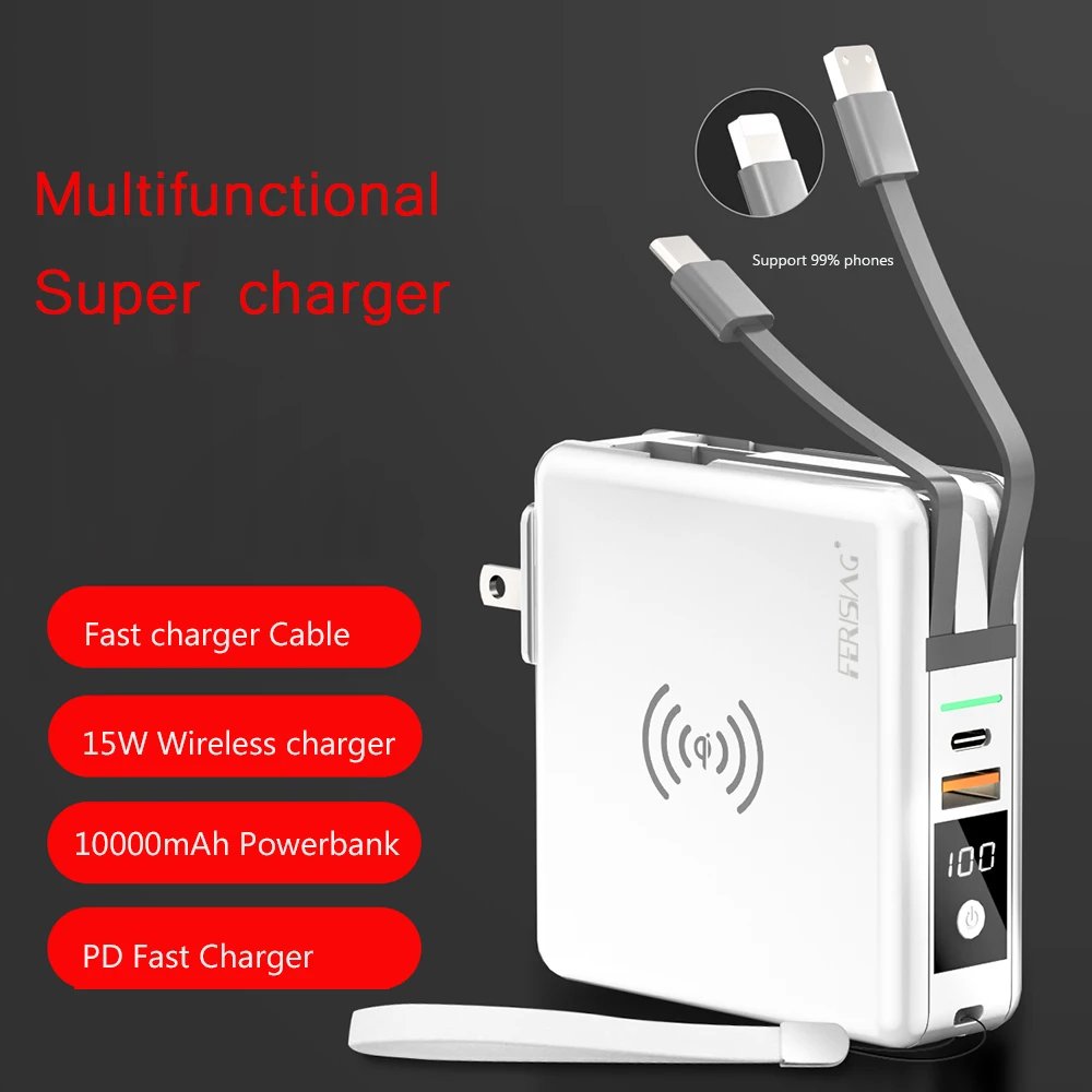 FERISING-10000mAh Wireless Power Bank, PD 5A Fast Charger, Type-C, USB C, QC3.0, Powerbank for iPhone, Xiaomi External Battery