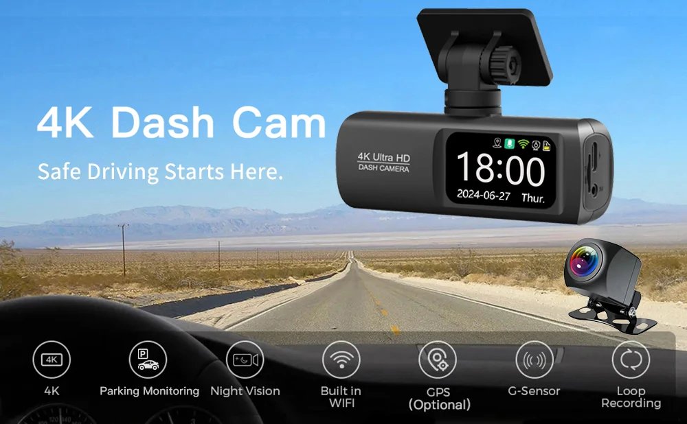 UHD 4K Dash Cam Dual Lens Driving Recorder Car DVR 1080P Rear Lens Camera Built-In WiFi GPS 24-Hour Parking Monitoring Black Box