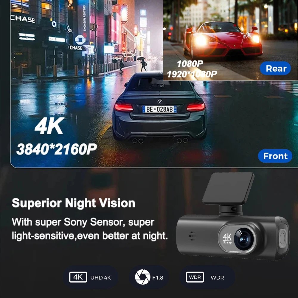 UHD 4K Dash Cam Dual Lens Driving Recorder Car DVR 1080P Rear Lens Camera Built-In WiFi GPS 24-Hour Parking Monitoring Black Box UHD 4K Dash Cam Dual Lens Driving Recorder Car DVR 1080P Rear Lens Camera Built-In WiFi GPS 24-Hour Parking Monitoring Black Box