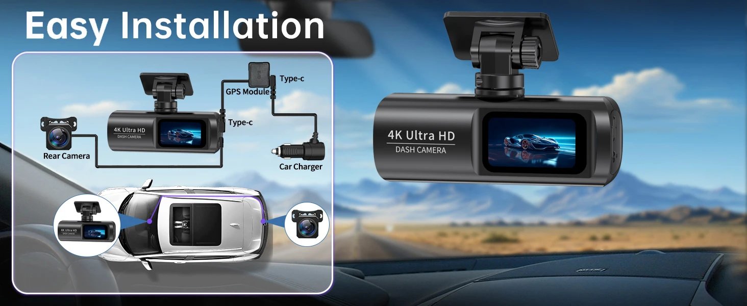 UHD 4K Dash Cam Dual Lens Driving Recorder Car DVR 1080P Rear Lens Camera Built-In WiFi GPS 24-Hour Parking Monitoring Black Box