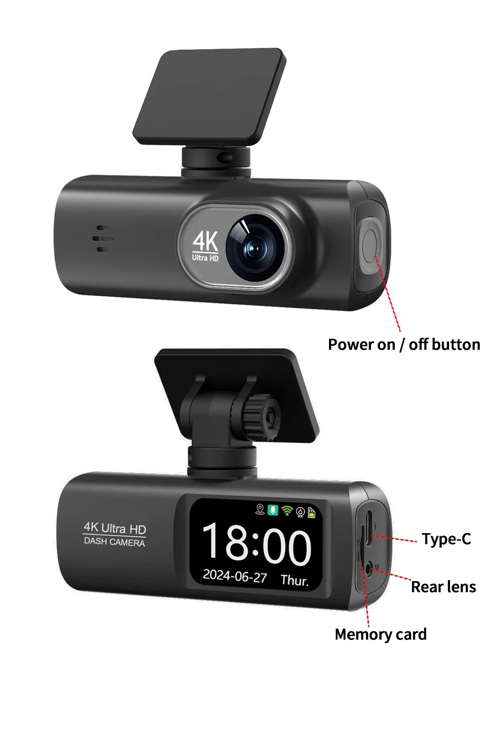 UHD 4K Dash Cam Dual Lens Driving Recorder Car DVR 1080P Rear Lens Camera Built-In WiFi GPS 24-Hour Parking Monitoring Black Box