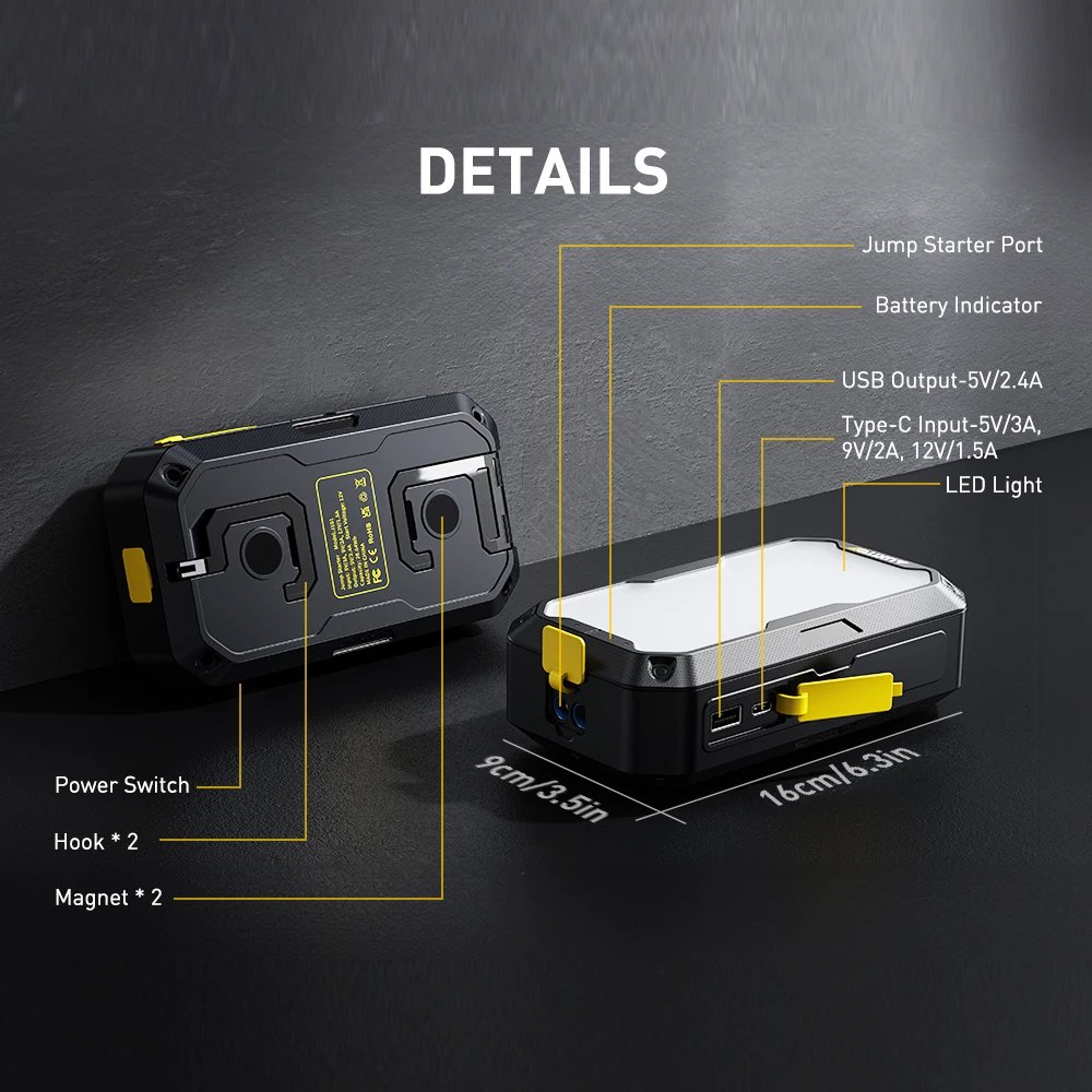 AUXITO 2500A Car Jump Starter 12V Auto Starting Device Emergency Battery Starter Portable Charger Booster 2000LM Camping Light