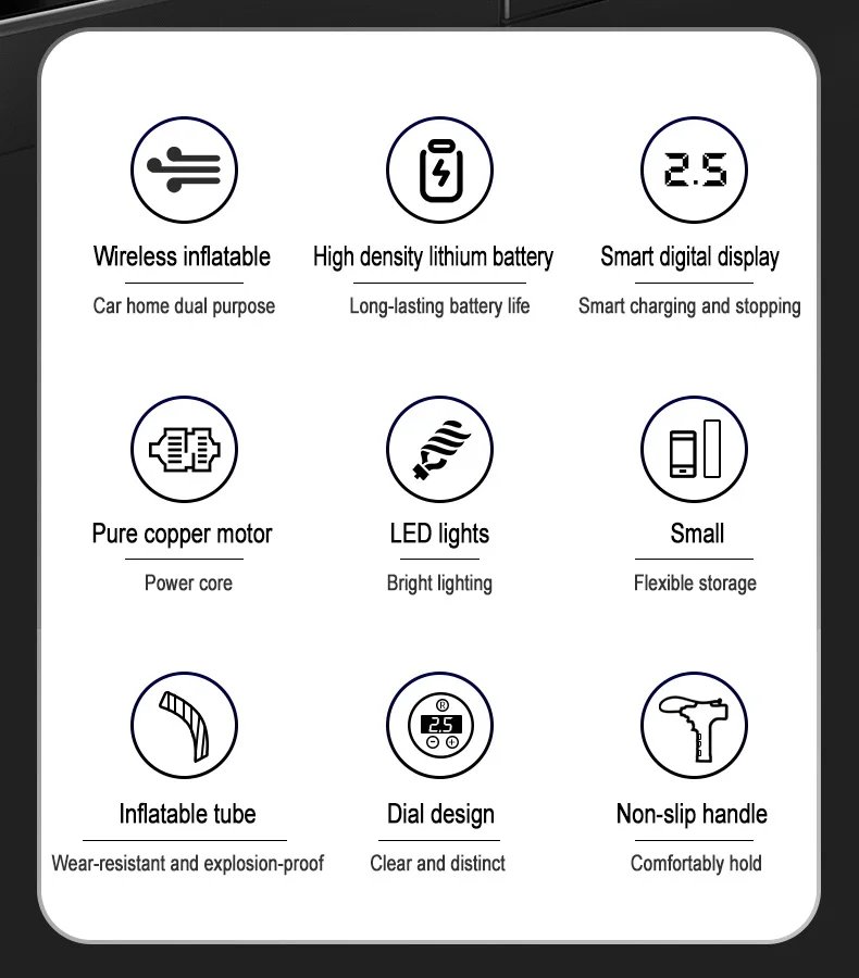Rechargeable Air Compressor Wireless Pure Cooper Motor Inflatable Air Compressor Pump with Pressure Gauge Emergency LED Lights Rechargeable Air Compressor Wireless Pure Cooper Motor Inflatable Air Compressor Pump with Pressure Gauge Emergency LED Lights