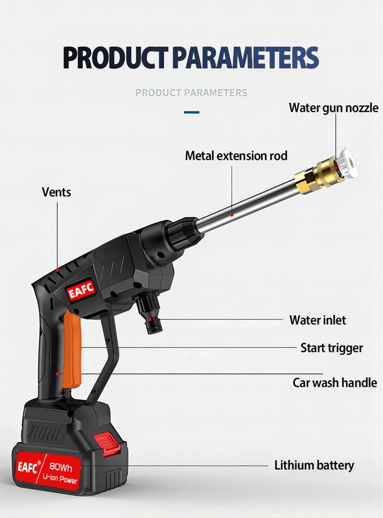 60Bar 21V Cordless High Pressure Car Wash Washer Gun 40WH/80WH Car Wash Gun Electric Water Gun Machine