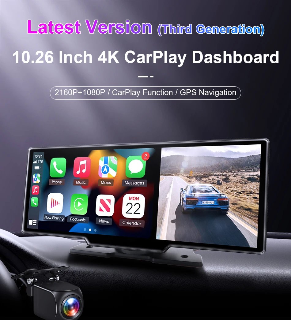 10.26'' 4K Dash Cam Car DVR Android Auto Carplay Display Screen Smart Car System Video Recorder Monitor With Rear Camera 5G WIFI
