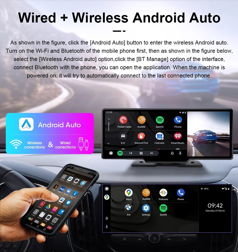 10.26'' 4K Dash Cam Car DVR Android Auto Carplay Display Screen Smart Car System Video Recorder Monitor With Rear Camera 5G WIFI