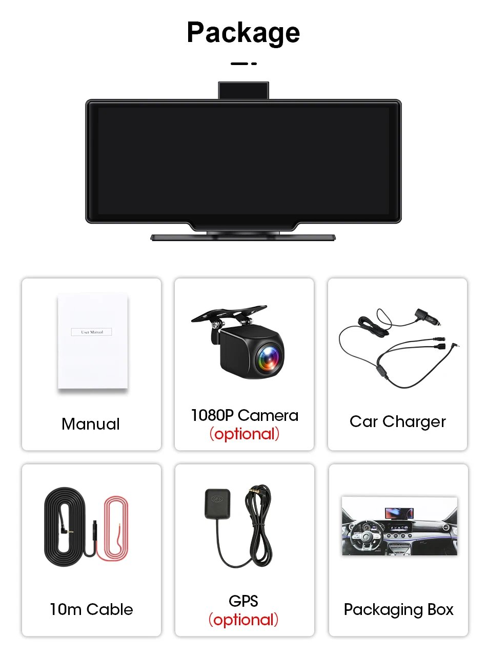 10.26'' 4K Dash Cam Car DVR Android Auto Carplay Display Screen Smart Car System Video Recorder Monitor With Rear Camera 5G WIFI