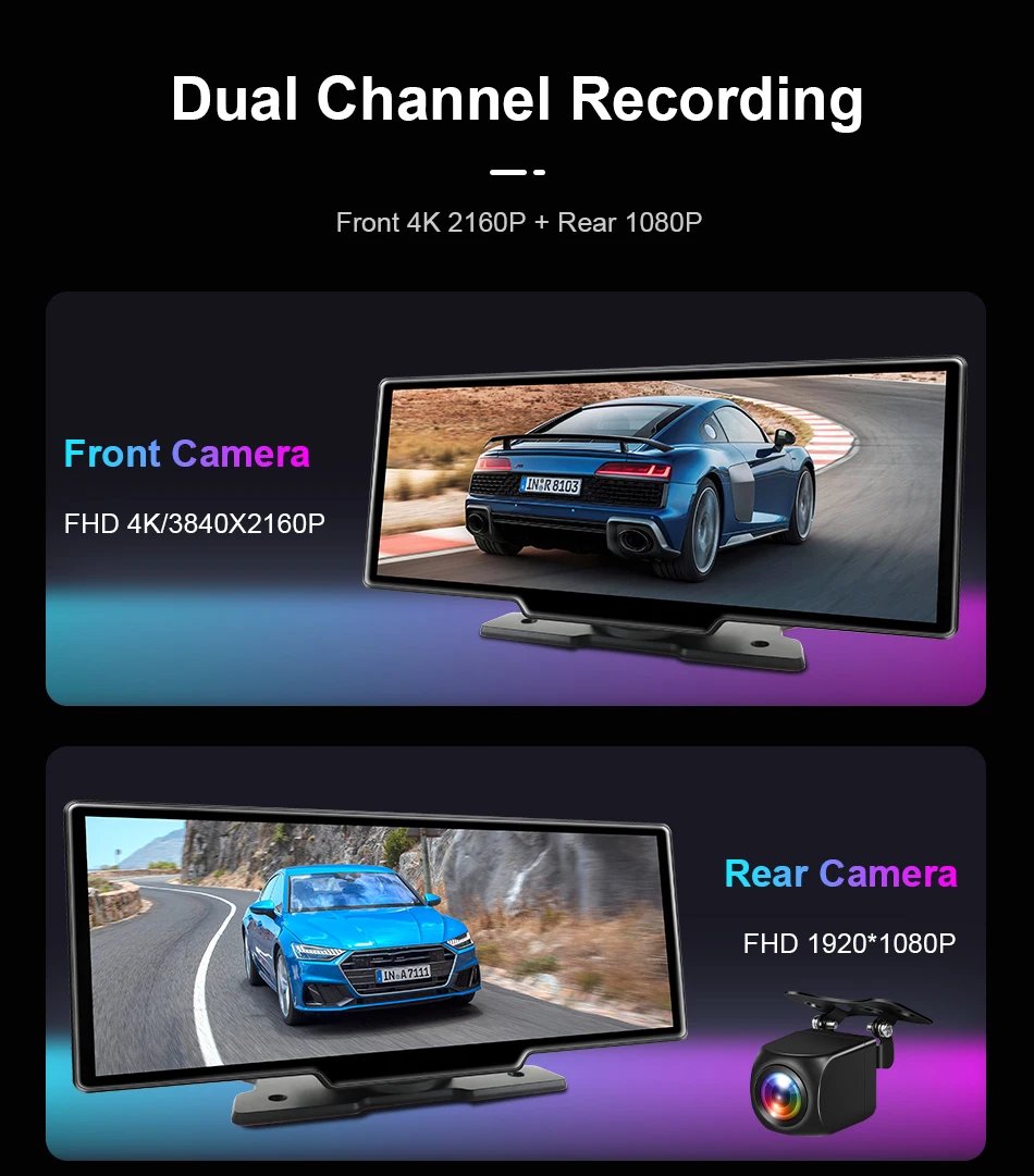 10.26'' 4K Dash Cam Car DVR Android Auto Carplay Display Screen Smart Car System Video Recorder Monitor With Rear Camera 5G WIFI