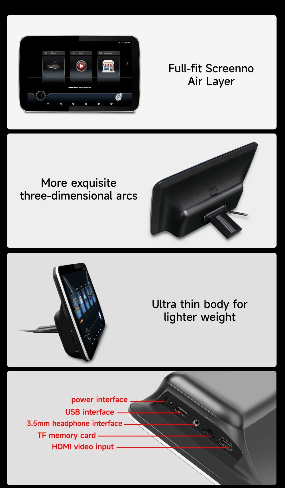 2024 New Headrest Monitor Display IPS Android Tablet Touch Screen For Car Rear Seat Player Video Music Bluetooth AirPlay HDMI