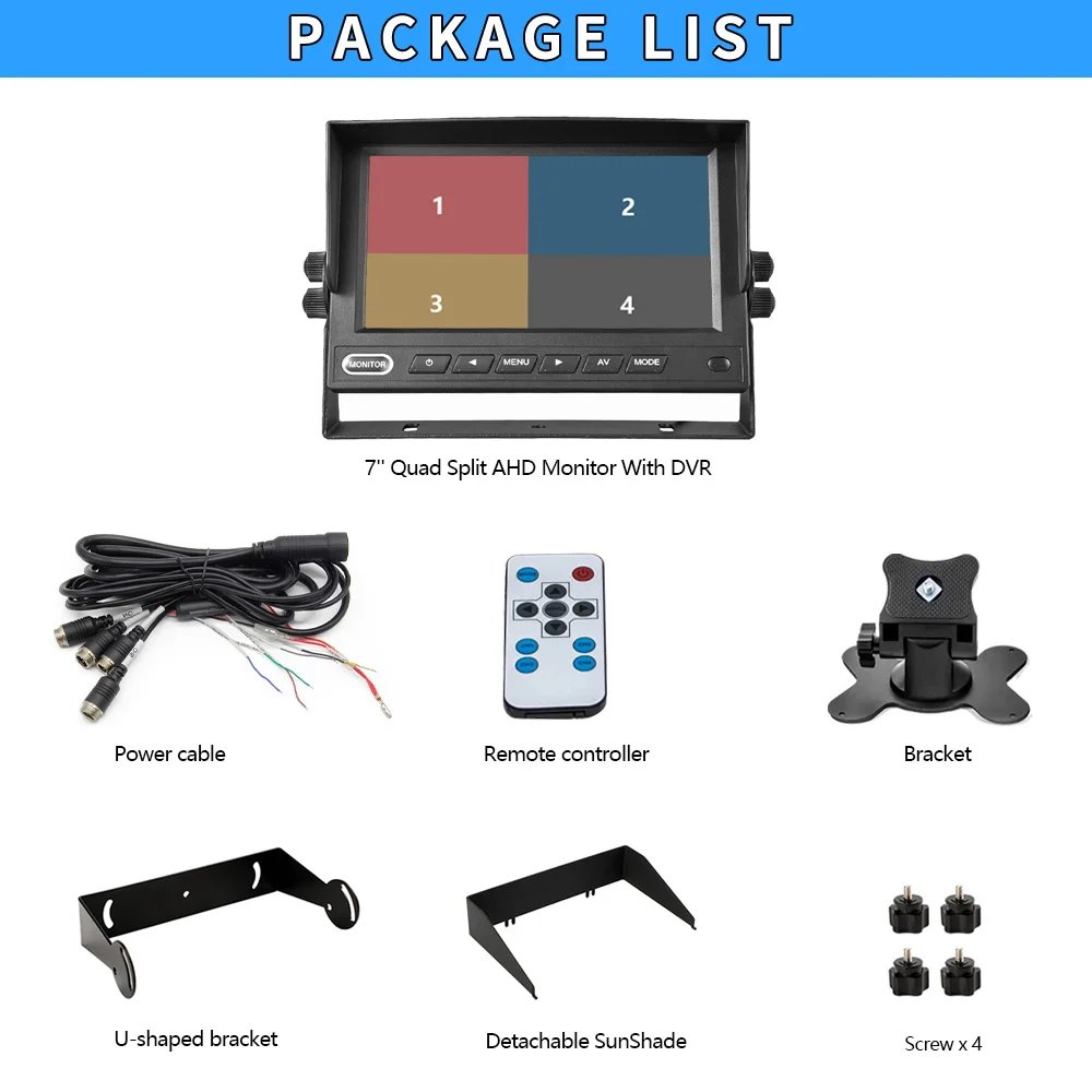 7″ AHD 1080P Quad Split Screen Monitor with DVR Recording 4CH Video camera input for RV truck trailer front/rear and side view 7