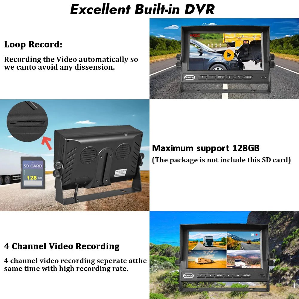 7″ AHD 1080P Quad Split Screen Monitor with DVR Recording 4CH Video camera input for RV truck trailer front/rear and side view 7