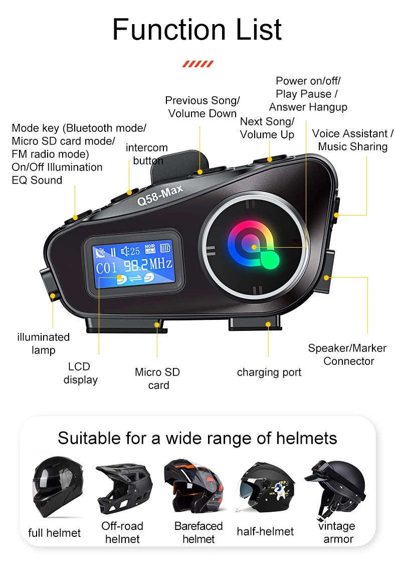 Q58-Max Motorcycle Helmet Intercom Bluetooth Headset LCD Display Music Share with Flashlight 2 Riders 500M Interphone