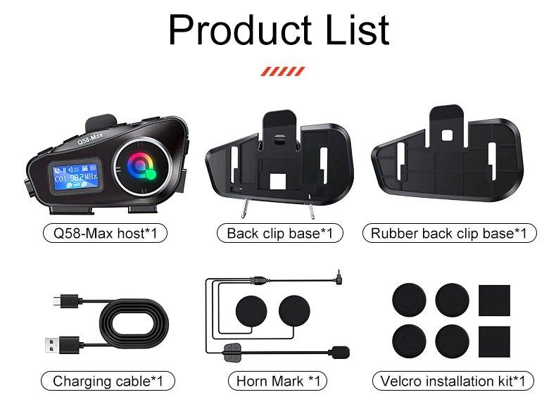 Q58-Max Motorcycle Helmet Intercom Bluetooth Headset LCD Display Music Share with Flashlight 2 Riders 500M Interphone