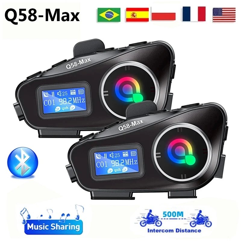 Q58-Max Motorcycle Helmet Intercom Bluetooth Headset LCD Display Music Share with Flashlight 2 Riders 500M Interphone Q58-Max Motorcycle Helmet Intercom Bluetooth Headset LCD Display Music Share with Flashlight 2 Riders 500M Interphone