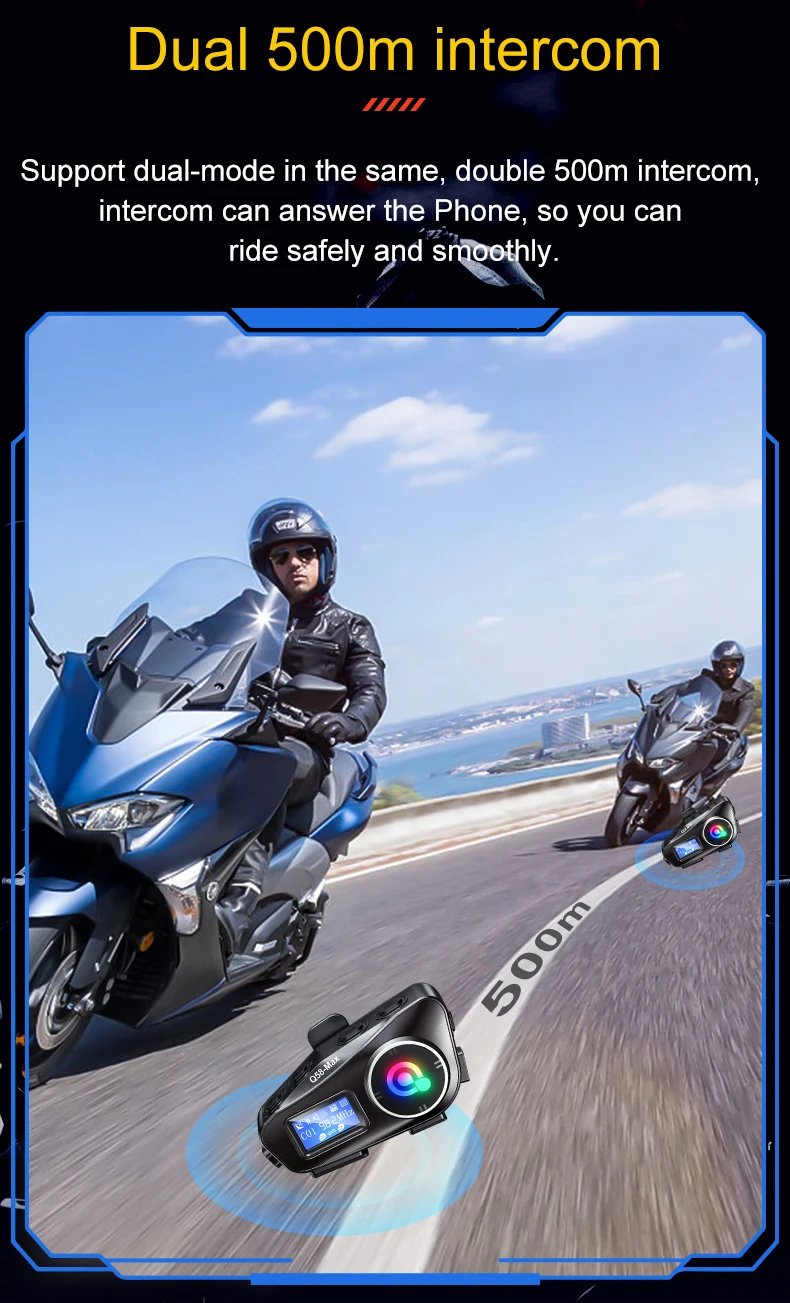 Q58-Max Motorcycle Helmet Intercom Bluetooth Headset LCD Display Music Share with Flashlight 2 Riders 500M Interphone