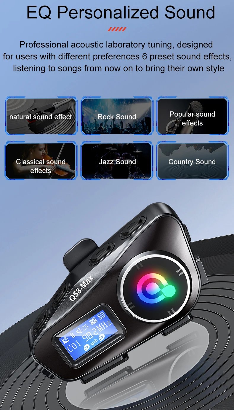 Q58-Max Motorcycle Helmet Intercom Bluetooth Headset LCD Display Music Share with Flashlight 2 Riders 500M Interphone