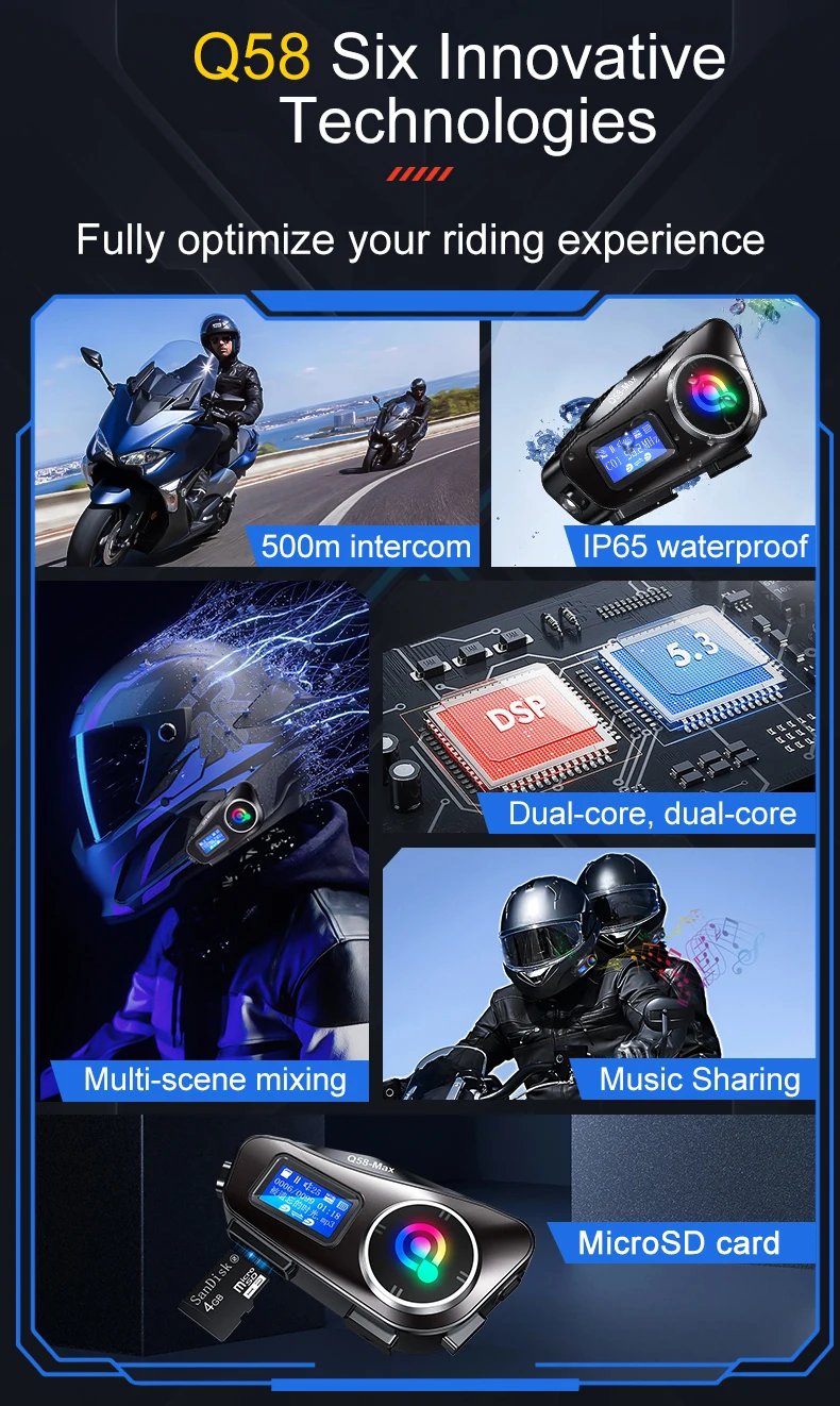 Q58-Max Motorcycle Helmet Intercom Bluetooth Headset LCD Display Music Share with Flashlight 2 Riders 500M Interphone