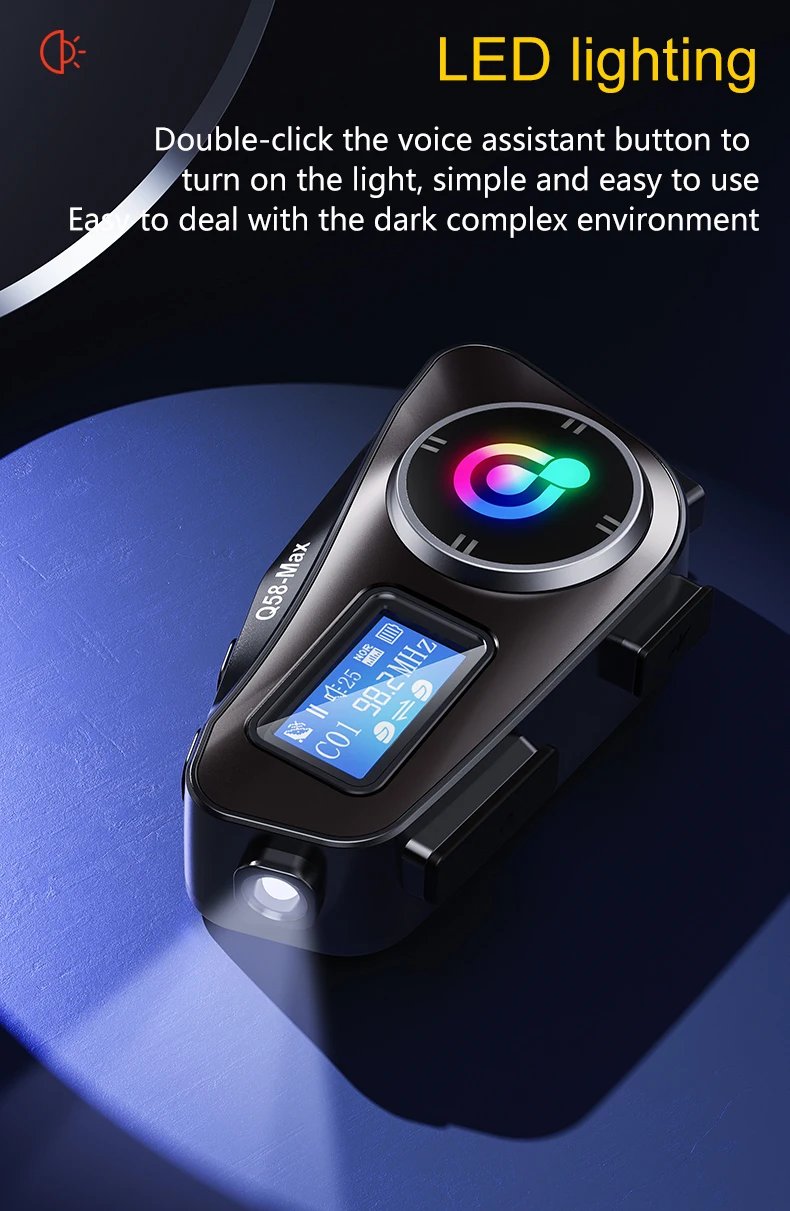 Q58-Max Motorcycle Helmet Intercom Bluetooth Headset LCD Display Music Share with Flashlight 2 Riders 500M Interphone