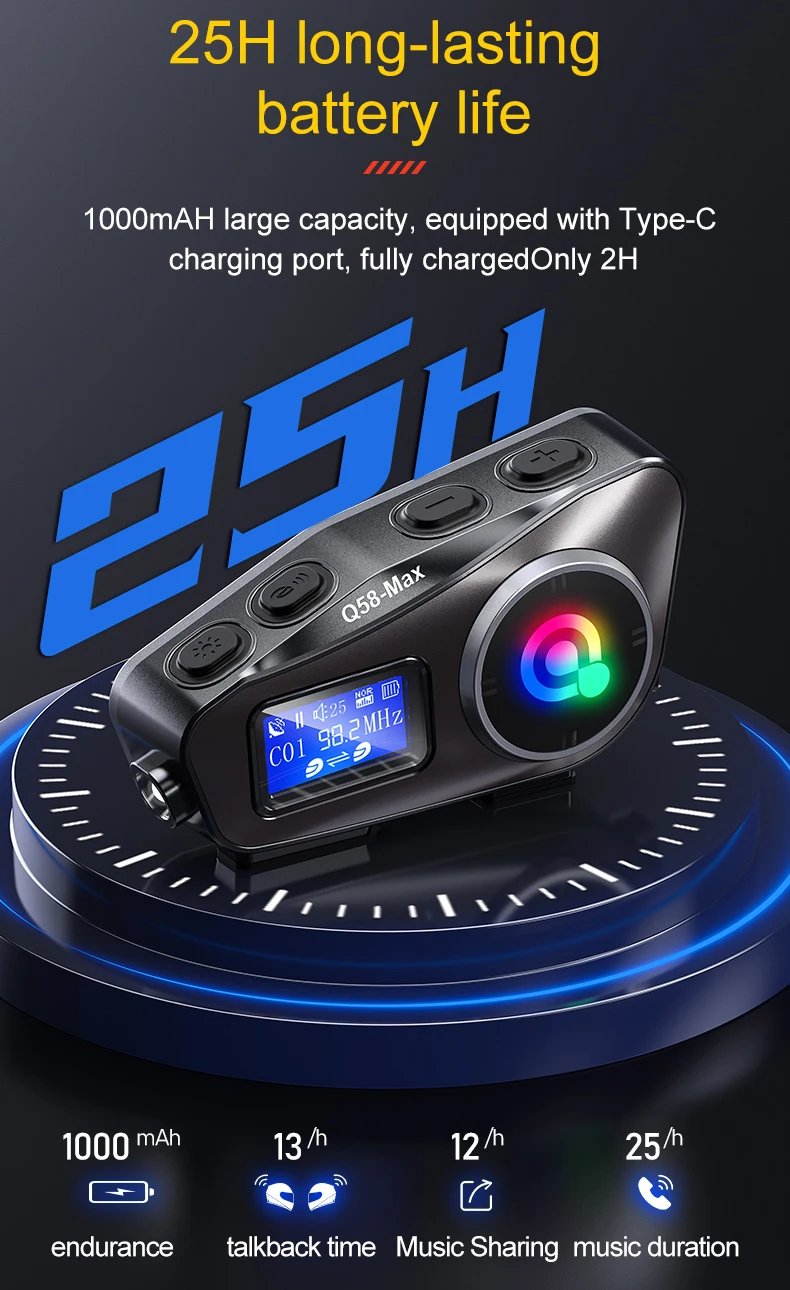 Q58-Max Motorcycle Helmet Intercom Bluetooth Headset LCD Display Music Share with Flashlight 2 Riders 500M Interphone