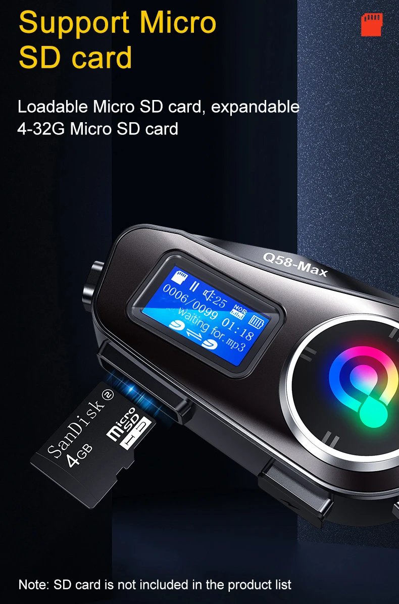 Q58-Max Motorcycle Helmet Intercom Bluetooth Headset LCD Display Music Share with Flashlight 2 Riders 500M Interphone