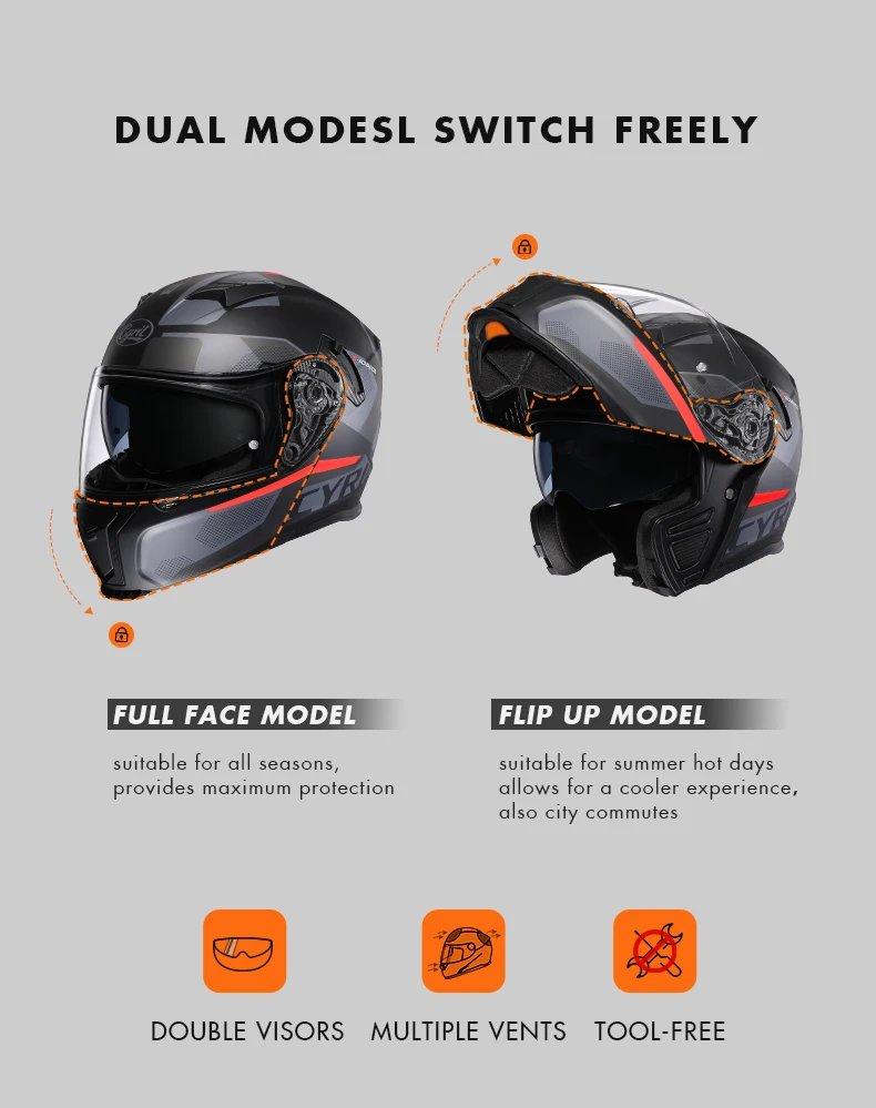 Full Face Motorcycle Helmet with Dual Visor Cyril Flip-up Motorcycle Helmet with Bluetooth Slot For Adult DOT Approved Helmet