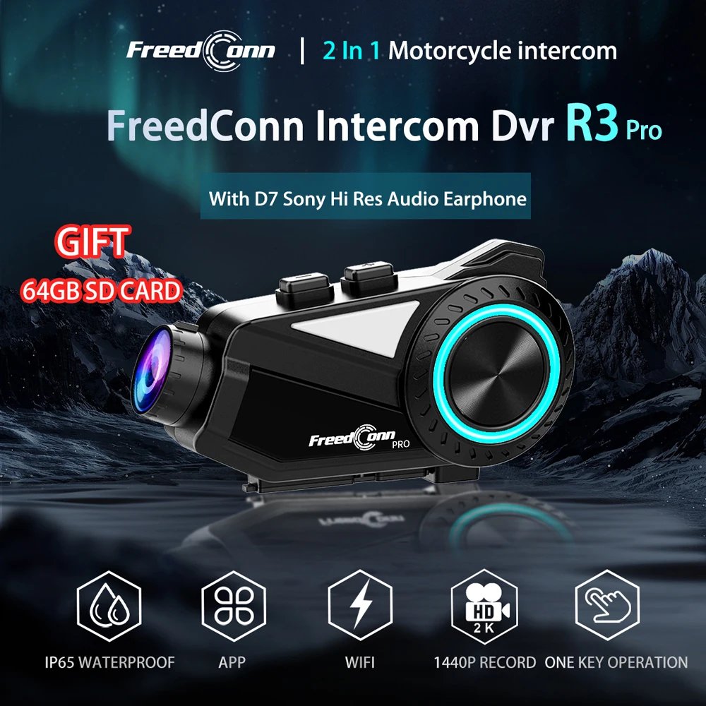 Freedconn R3 Pro Helmet Bluetooth Headset Group Motorcycle Intercom 2K Dash Cam Motor Auto DVR WiFi App 1440P Music Share