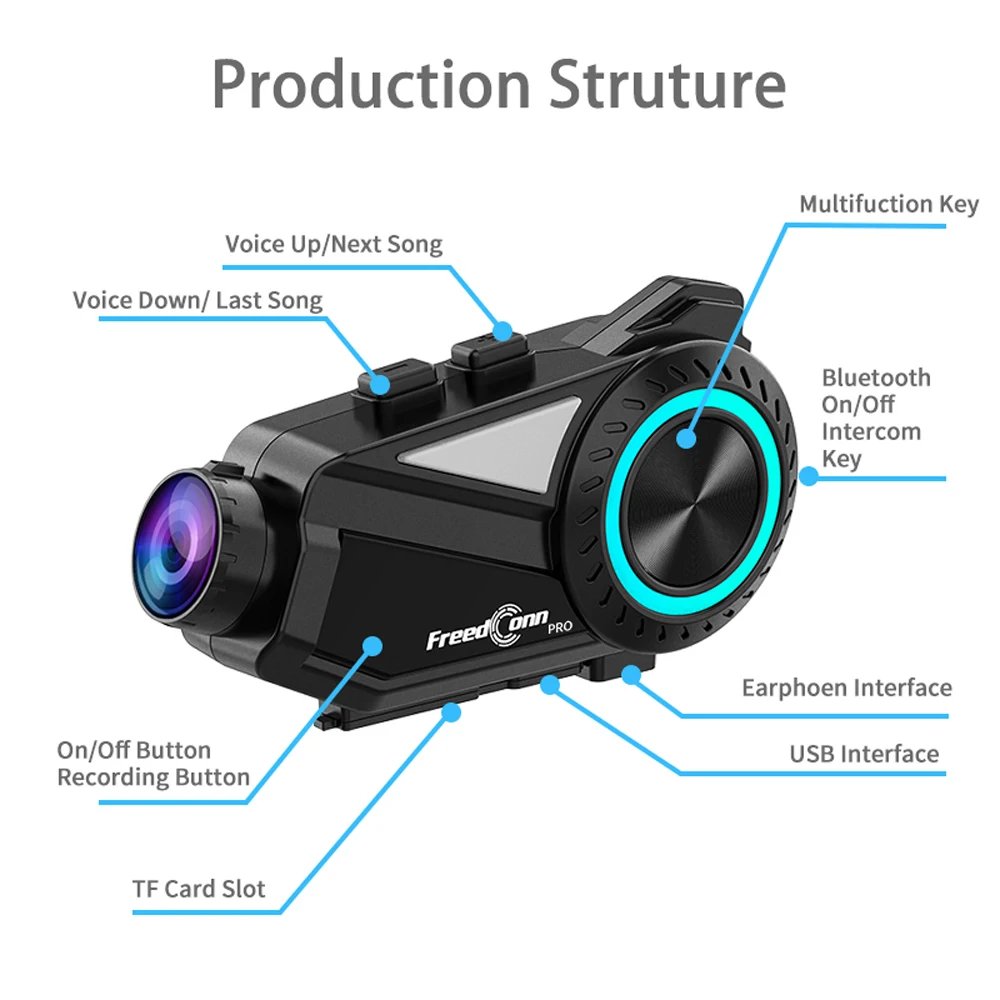 Freedconn R3 Pro Helmet Bluetooth Headset Group Motorcycle Intercom 2K Dash Cam Motor Auto DVR WiFi App 1440P Music Share