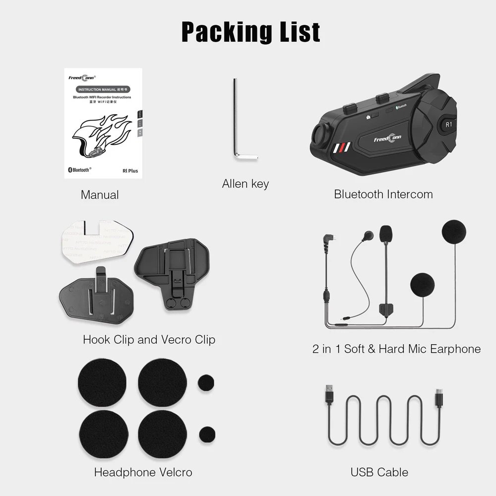 Freedconn R1Plus Bluetooth Motorcycle Intercom Helmet Headset Wifi APP Speaker Headphone Motorbike Interphone Motor Dash Cam Dvr