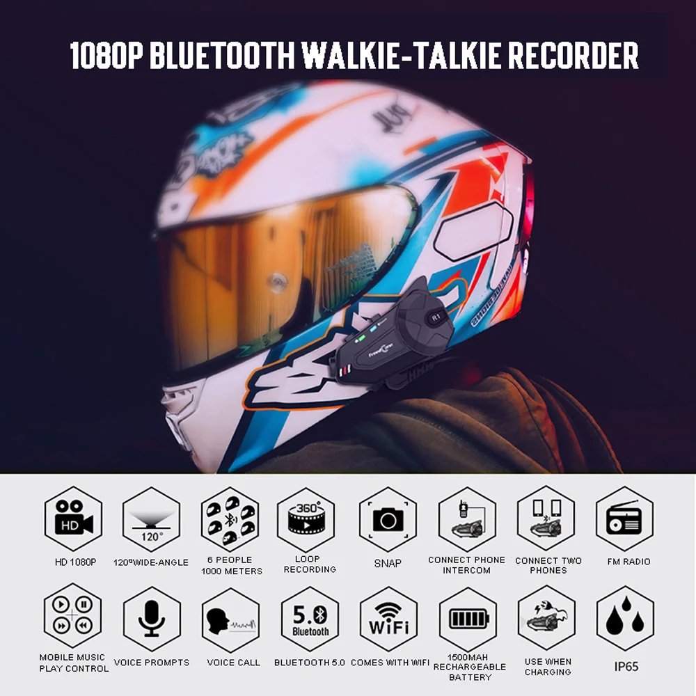 Freedconn R1Plus Bluetooth Motorcycle Intercom Helmet Headset Wifi APP Speaker Headphone Motorbike Interphone Motor Dash Cam Dvr