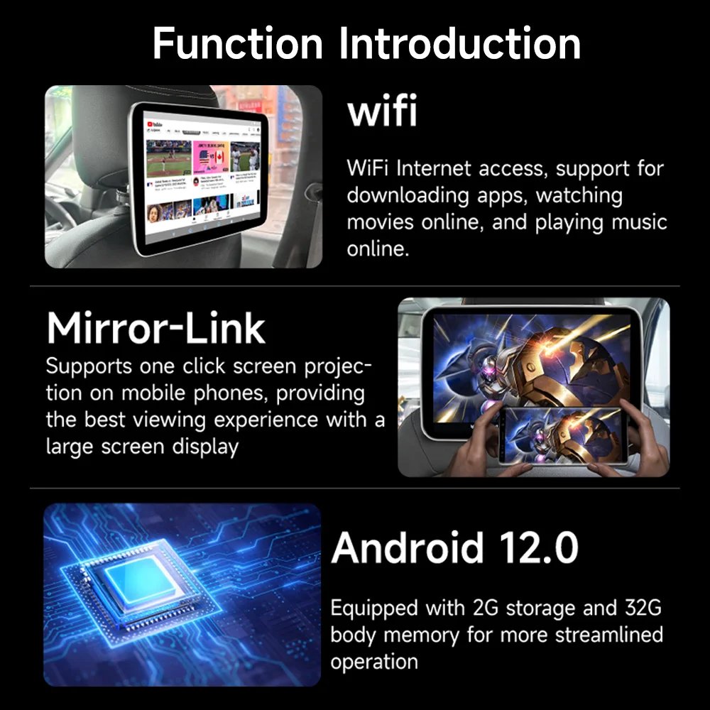 Headrest Monitor Display IPS Android WIFI Tablet Touch Screen For Car Rear Seat Player Video Music FM Bluetooth AirPlay HDMI IN