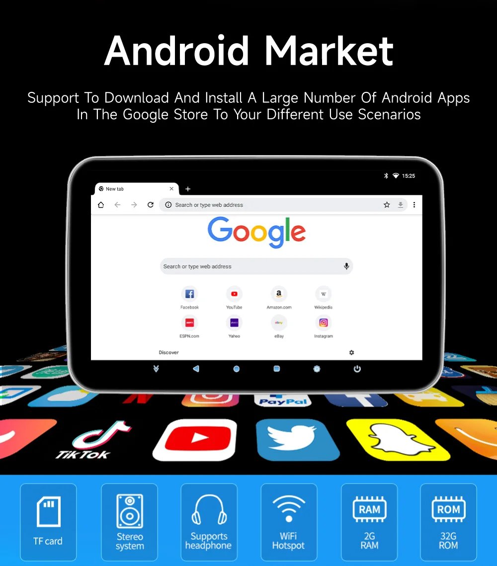 Headrest Monitor Display IPS Android WIFI Tablet Touch Screen For Car Rear Seat Player Video Music FM Bluetooth AirPlay HDMI IN