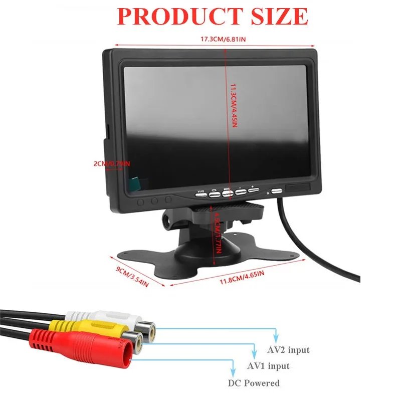 HD 7-inch car monitor TFT LCD 1024X600 display rear view screen 12V/24V car reversing camera CCTV home security monitoring
