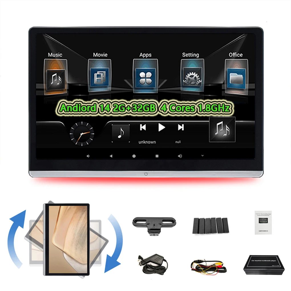 4K Car Headrest Display 2G 32GB 14Inch HD IPS Car Multimedia Touch Screen External Headrest Android System Rotatable Monitor