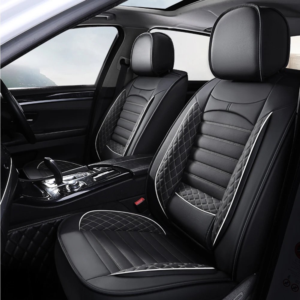 Black & White Faux Leather Car Seat Covers - Universal Fit, Lumbar Support, Waterproof, Anti-Slip, Durable for Cars, SUVs, Truck