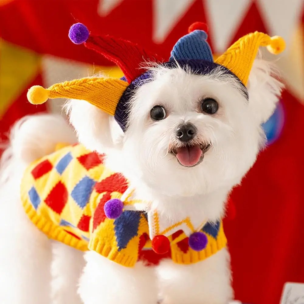 Clown Dog Cat Costume with hat Autumn Winter Dog Costume Soft Sweater Fabric Material Puppy Apparels Holiday Funny Clothes