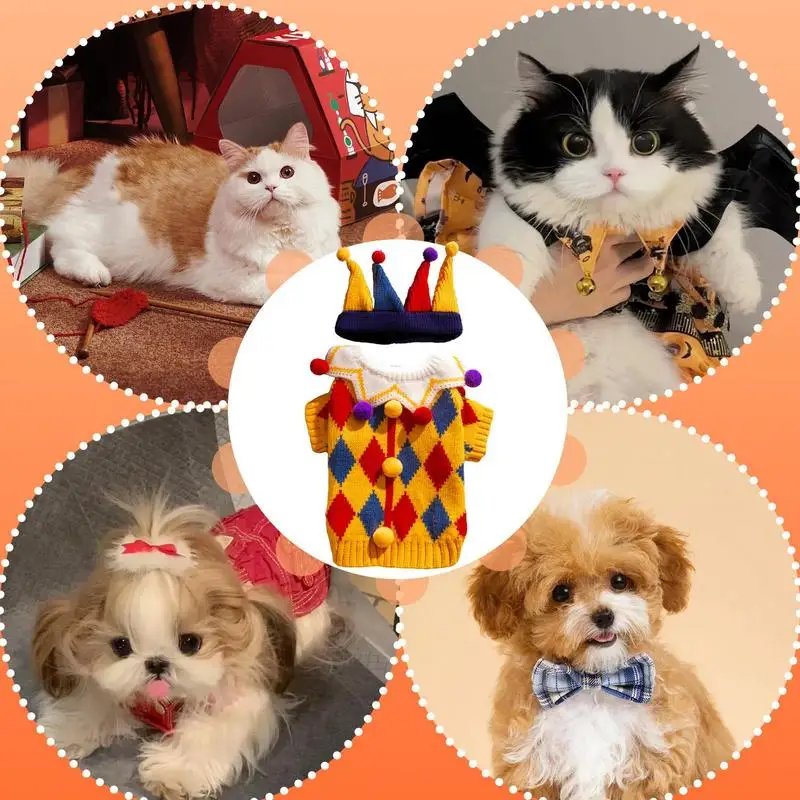 Clown Dog Cat Costume with hat Autumn Winter Dog Costume Soft Sweater Fabric Material Puppy Apparels Holiday Funny Clothes Clown Dog Cat Costume with hat Autumn Winter Dog Costume Soft Sweater Fabric Material Puppy Apparels Holiday Funny Clothes