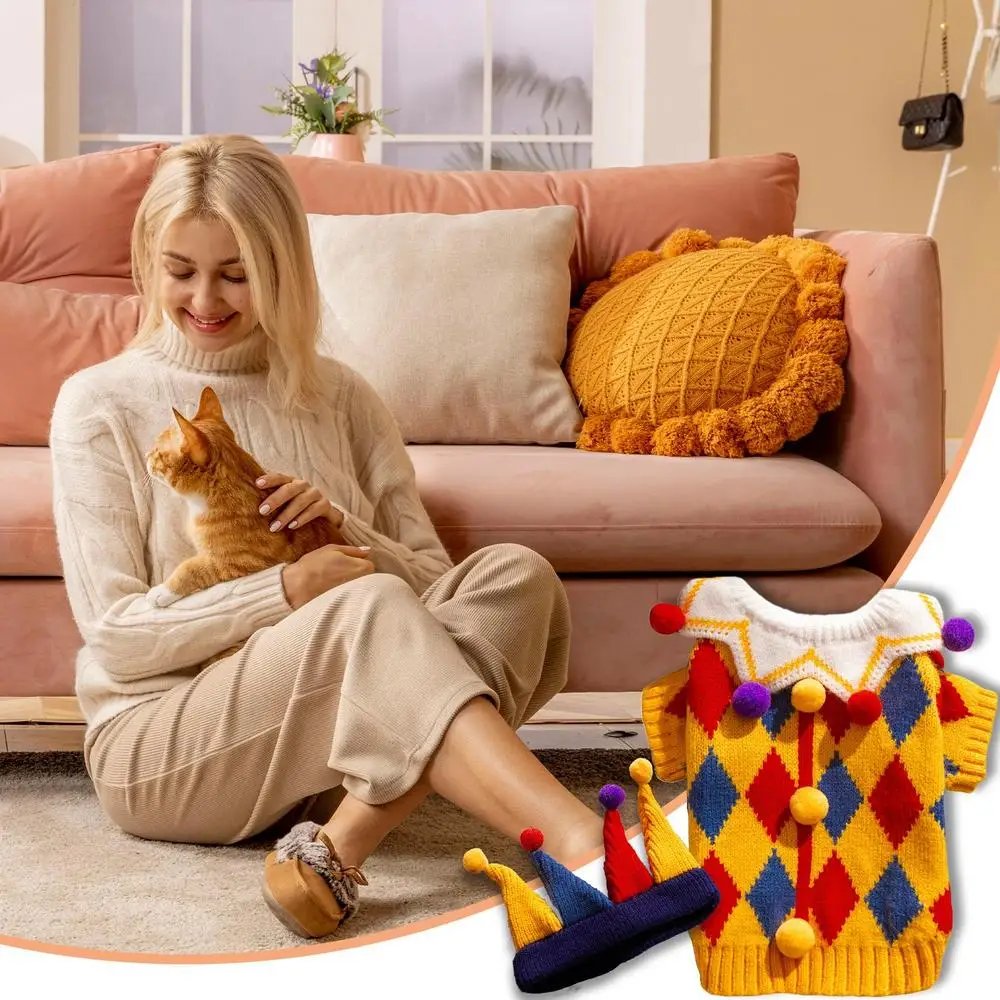 Clown Dog Cat Costume with hat Autumn Winter Dog Costume Soft Sweater Fabric Material Puppy Apparels Holiday Funny Clothes