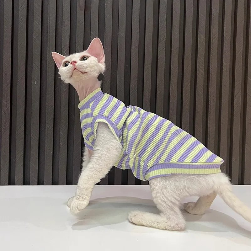 Cotton striped air-conditioned vest with high elasticity is good to wear in summer thin Sphynx cat Devon hairless cat clothes