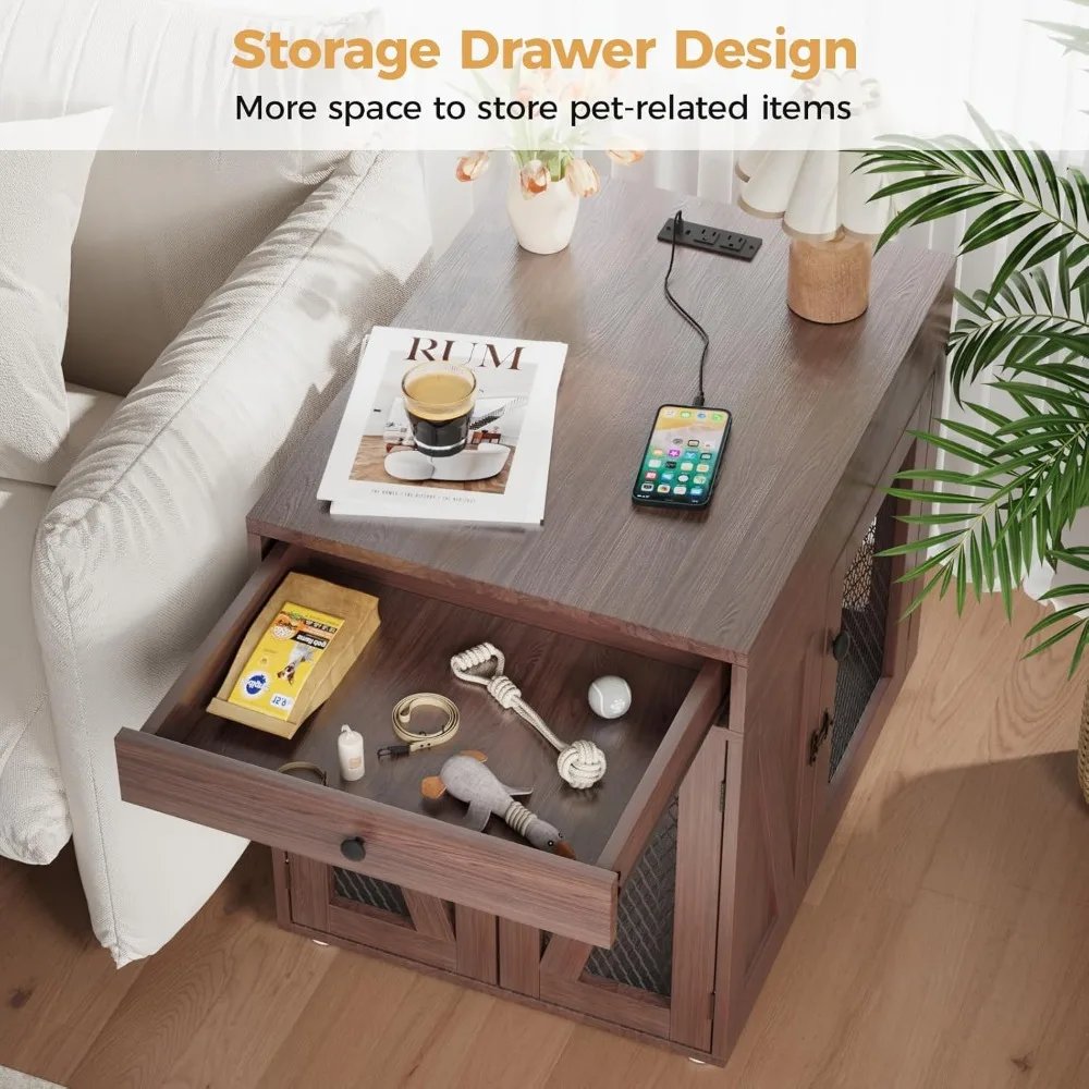 Dream Dog Crate Furniture, Wooden Dog Kennel End Table With USB Charging Station, Storage Drawer, Double Latched Door, F Dream Dog Crate Furniture, Wooden Dog Kennel End Table With USB Charging Station, Storage Drawer, Double Latched Door, F