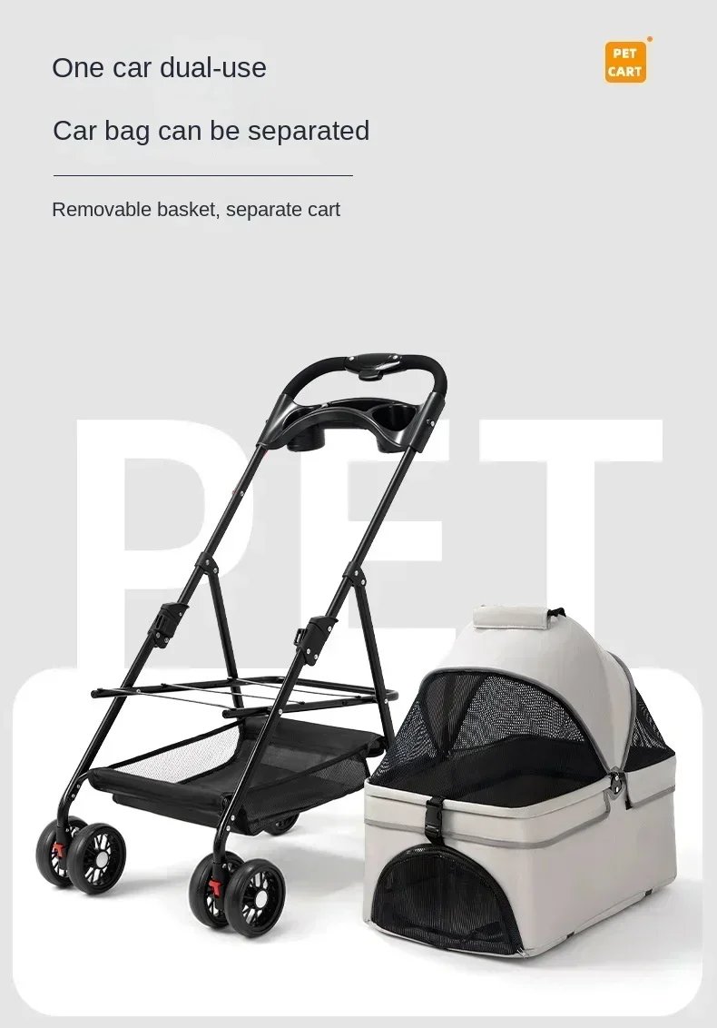 Suitable for dogs and cats to use outdoors. Foldable pet stroller, four-wheel dog travel cart, with storage basket