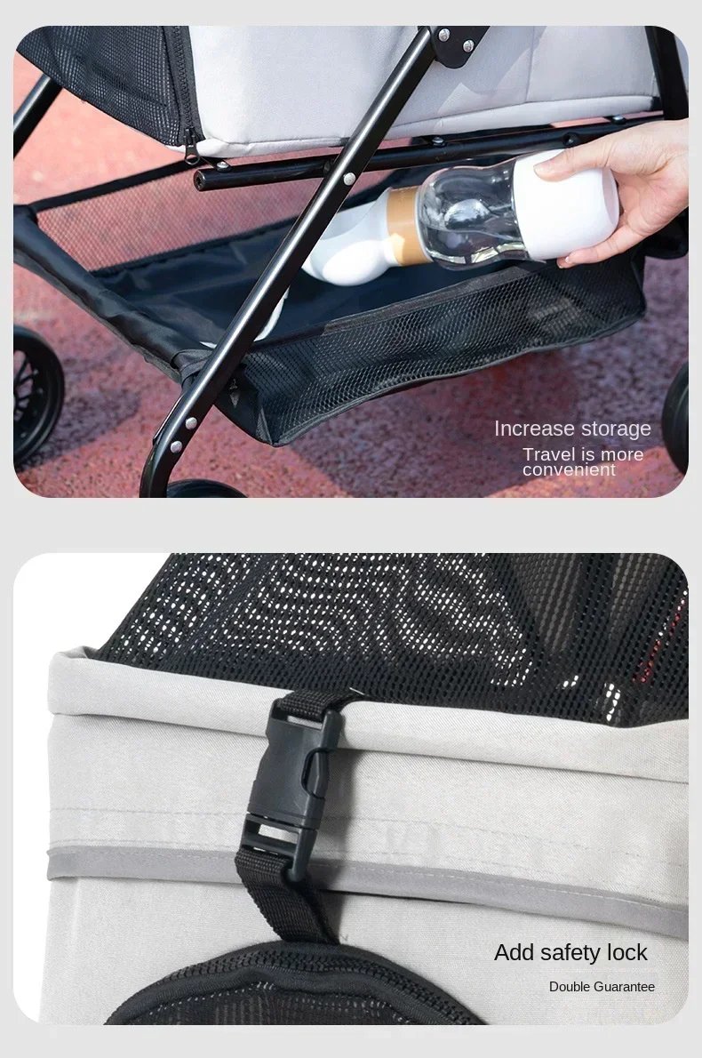 Suitable for dogs and cats to use outdoors. Foldable pet stroller, four-wheel dog travel cart, with storage basket