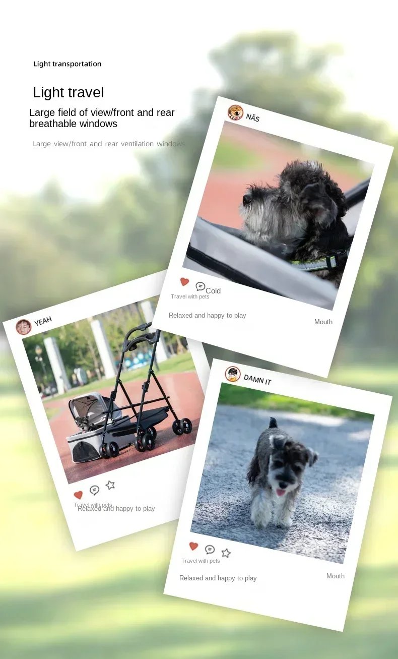 Suitable for dogs and cats to use outdoors. Foldable pet stroller, four-wheel dog travel cart, with storage basket