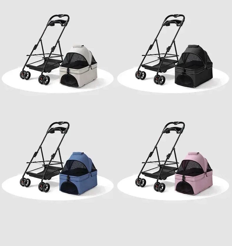 Suitable for dogs and cats to use outdoors. Foldable pet stroller, four-wheel dog travel cart, with storage basket