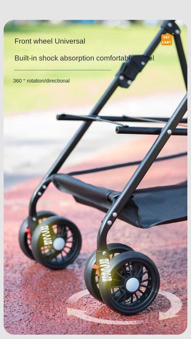 Suitable for dogs and cats to use outdoors. Foldable pet stroller, four-wheel dog travel cart, with storage basket