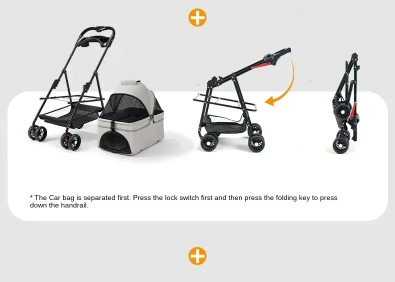 Suitable for dogs and cats to use outdoors. Foldable pet stroller, four-wheel dog travel cart, with storage basket