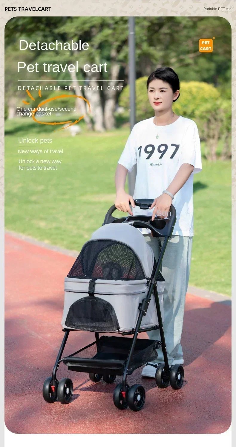 Suitable for dogs and cats to use outdoors. Foldable pet stroller, four-wheel dog travel cart, with storage basket