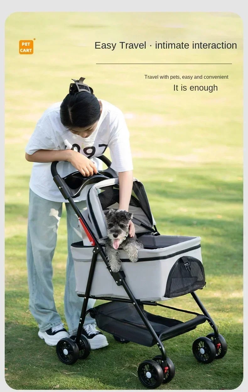 Suitable for dogs and cats to use outdoors. Foldable pet stroller, four-wheel dog travel cart, with storage basket