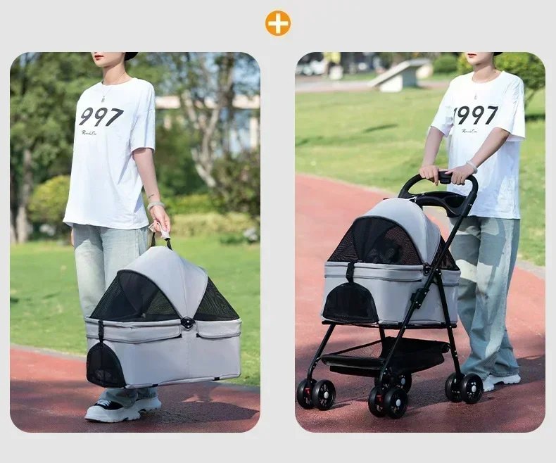 Suitable for dogs and cats to use outdoors. Foldable pet stroller, four-wheel dog travel cart, with storage basket