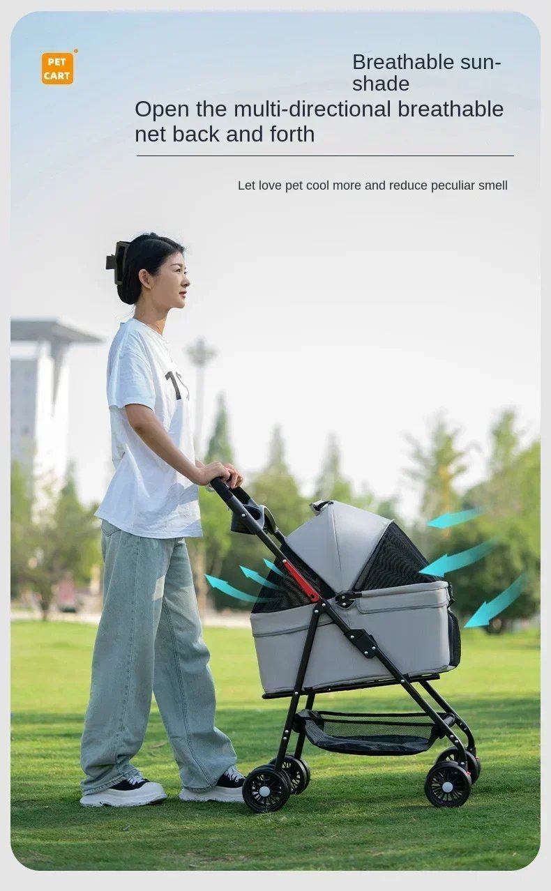 Suitable for dogs and cats to use outdoors. Foldable pet stroller, four-wheel dog travel cart, with storage basket